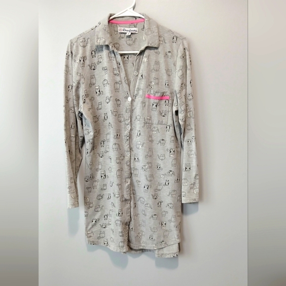 Dearfoams Cat Print Gray Button-Up Nightshirt Women's Medium Cozy Loungewear - Picture 1 of 5